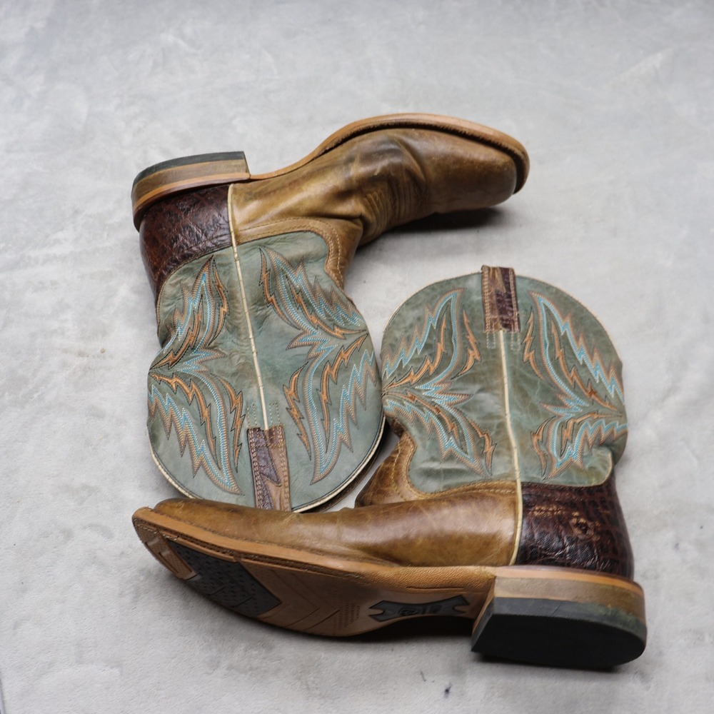 Ariat Mens 12D Western Boots Brown Arena Rebound Leather Teal Stitch Square Toe - Picture 4 of 14